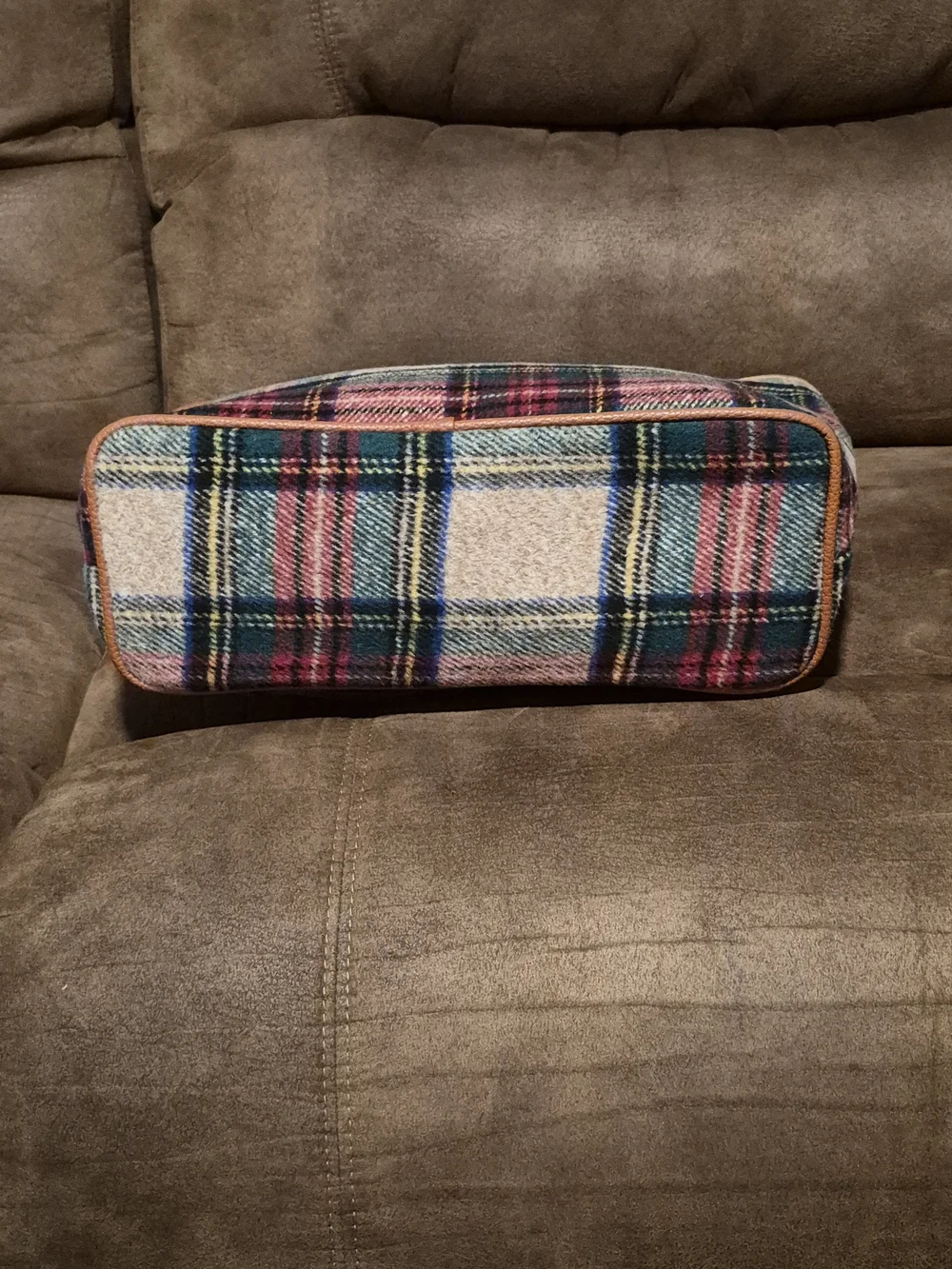 Plaid Tote with Brown Leather Center Panel and Monogram Accent